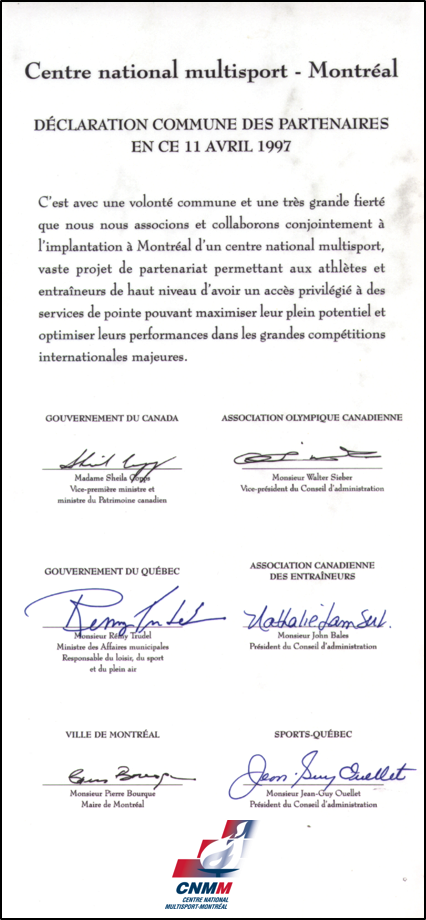 Déclaration commune des partenaires pour l’implantation du Centre national multisports - Montréal