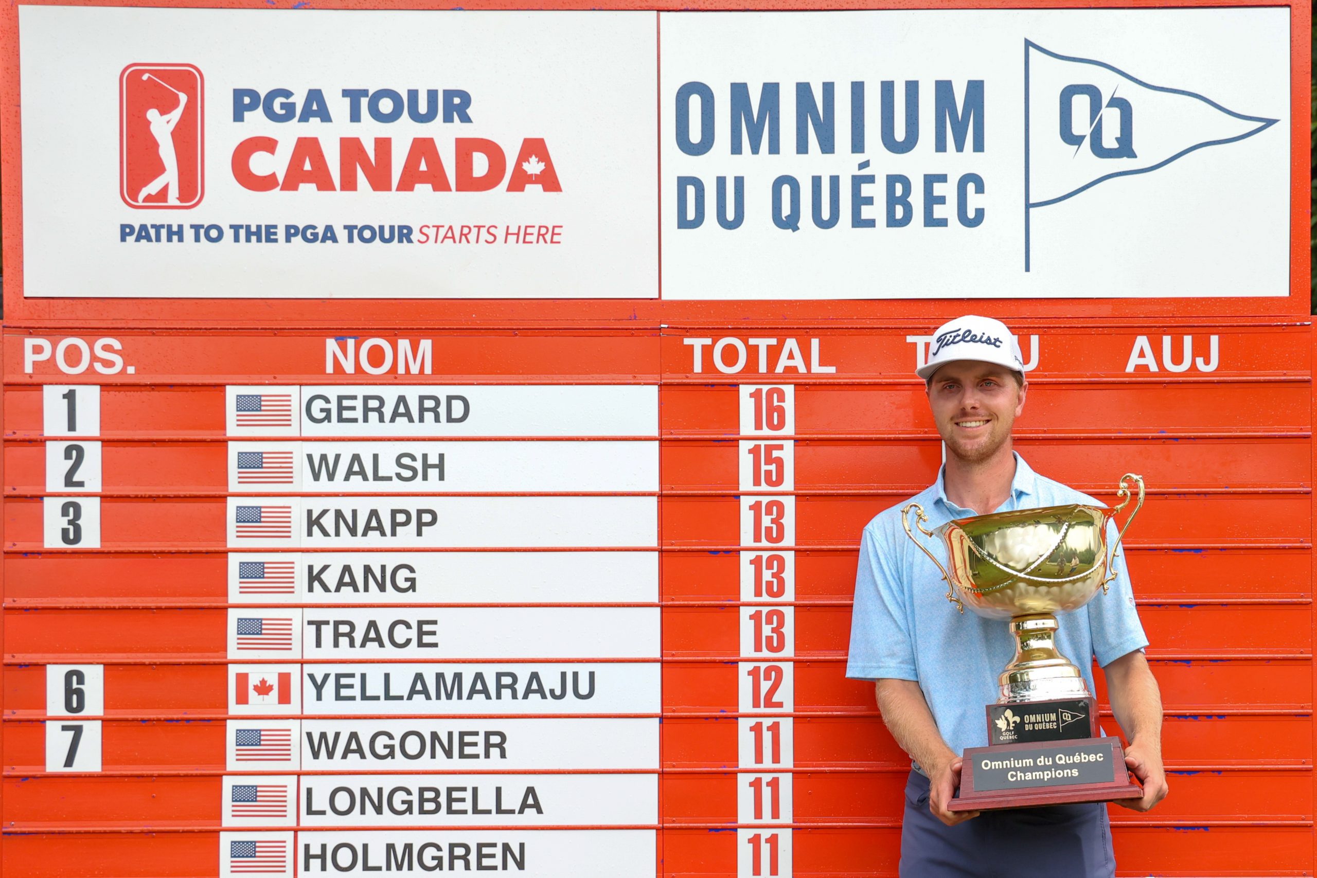 Un champion golfeur tient son trophée devant le classement.