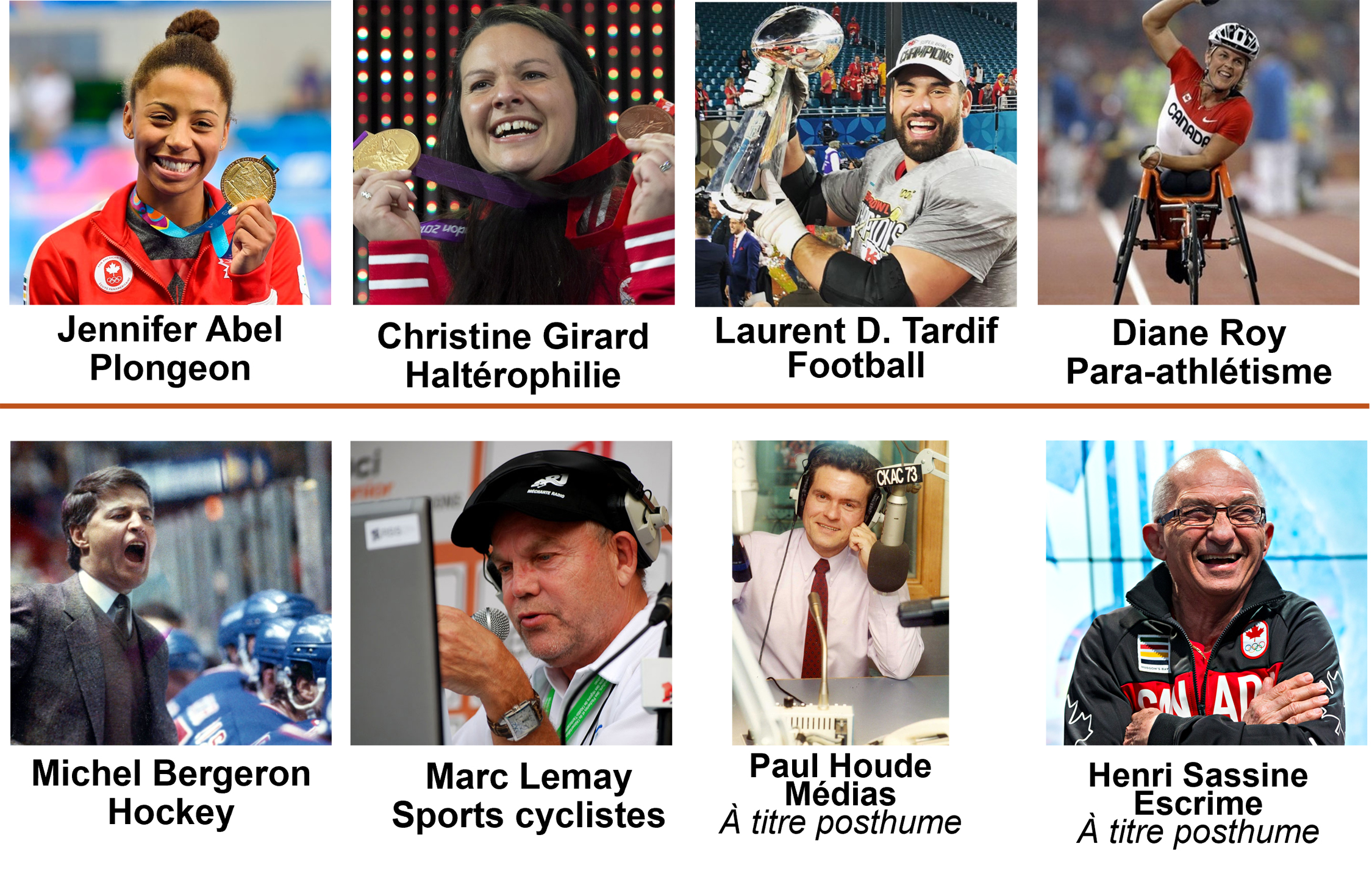 visuel des personnalités qui seront admises au Temple de la renommée du Panthéon des sports du Québec en 2025